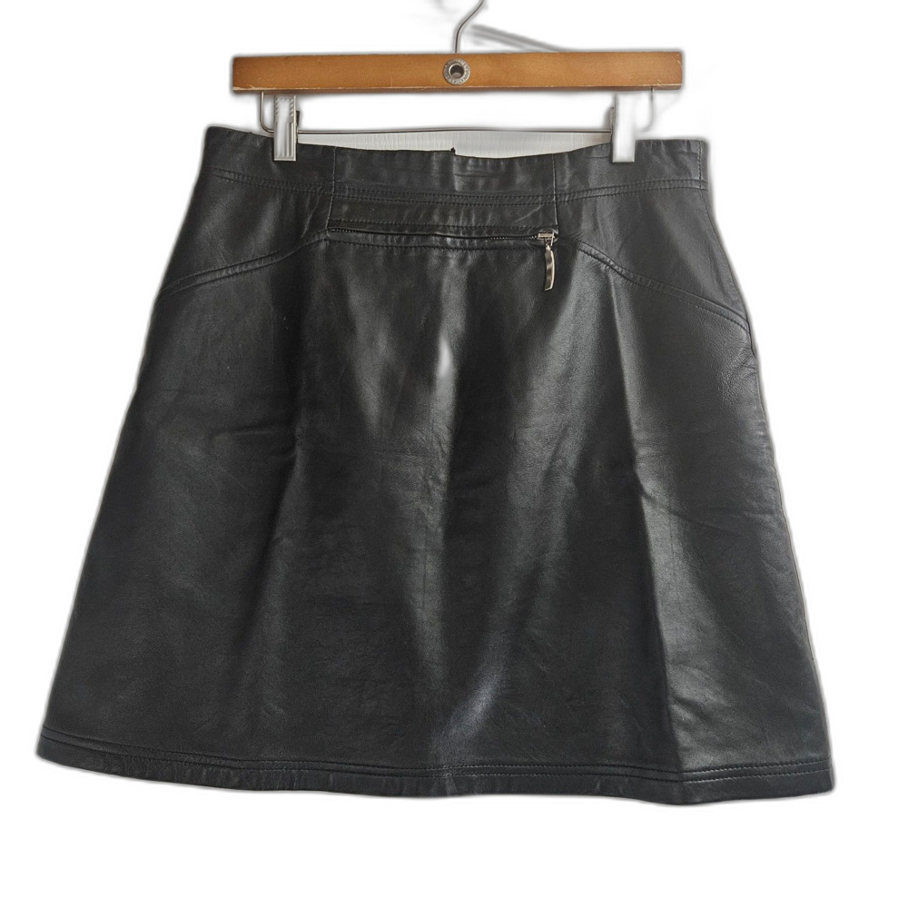 Zino & Judy Paris Vintage XL Black Leather Mini Skirt Front Zip Pocket Lined 80s